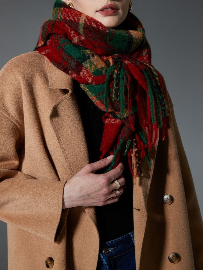 Red Tartan Fringed Blanket Scarf