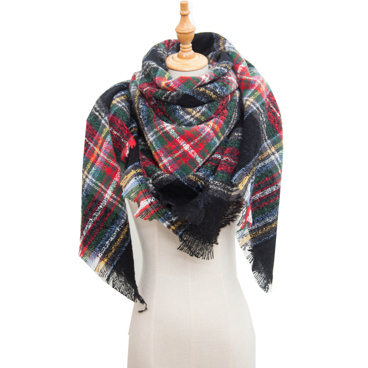 Checked Triangle Blanket Scarf With Frayed Trim