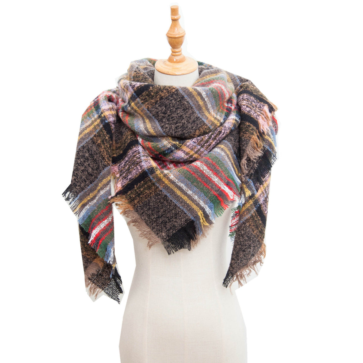 Checked Triangle Blanket Scarf With Frayed Trim