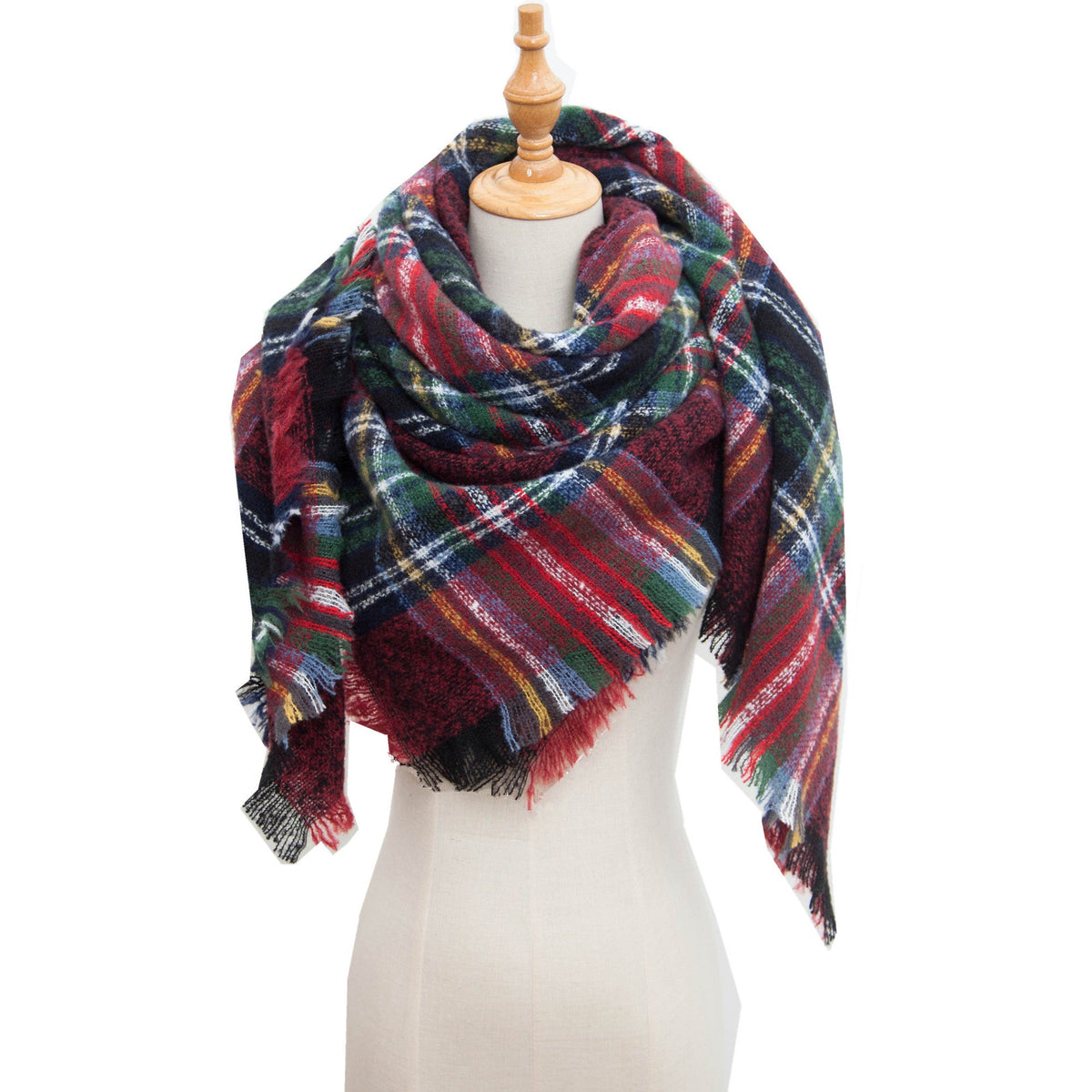 Checked Triangle Blanket Scarf With Frayed Trim
