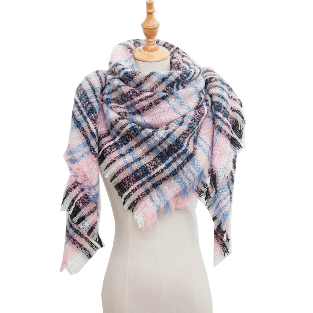 Checked Triangle Blanket Scarf With Frayed Trim