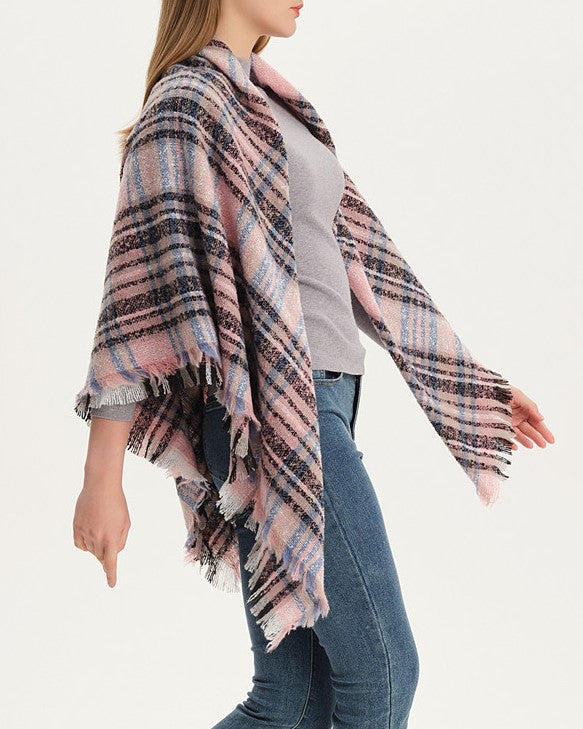 Checked Triangle Blanket Scarf With Frayed Trim
