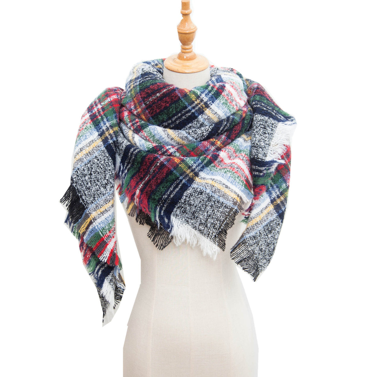 Checked Triangle Blanket Scarf With Frayed Trim
